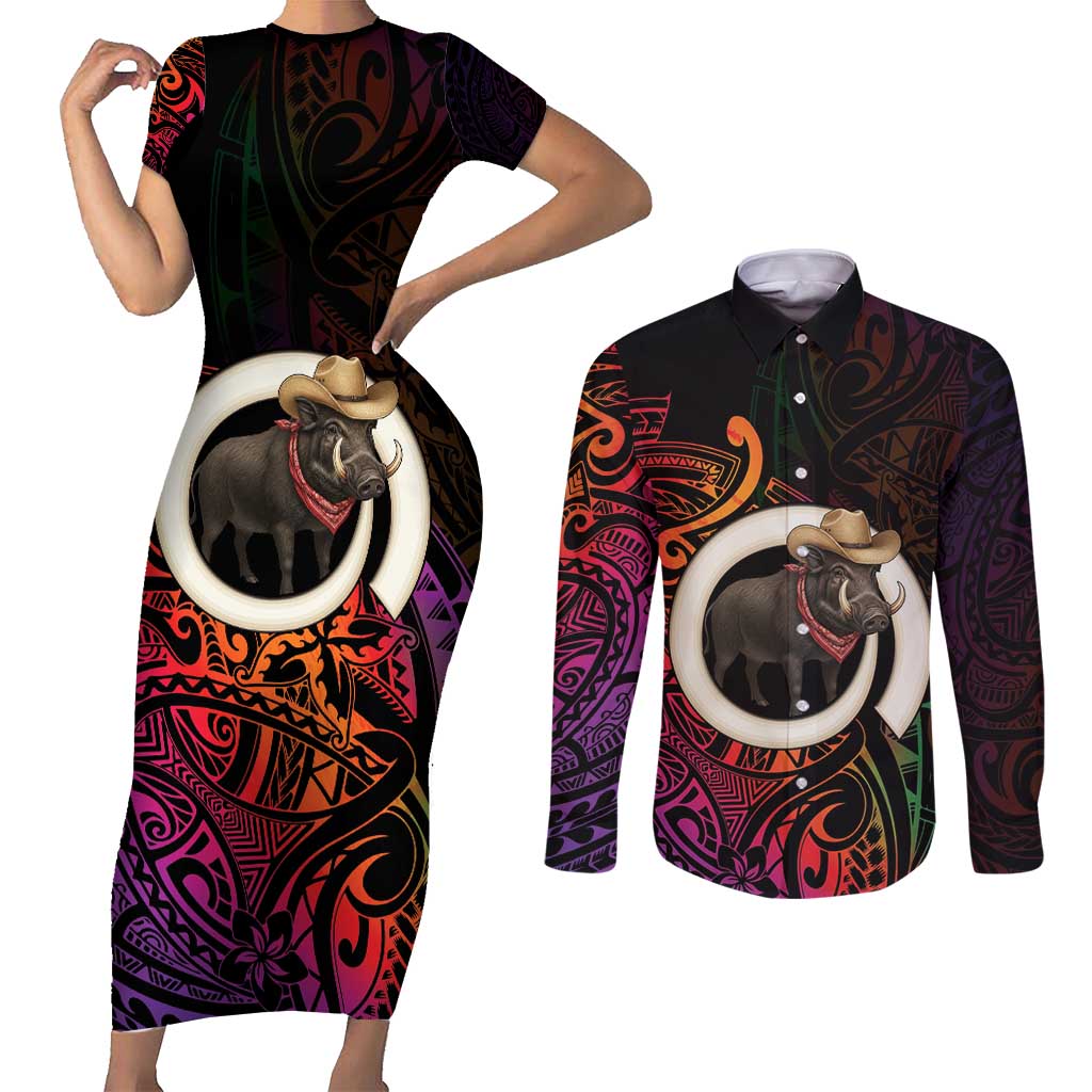 Vanuatu Boar Cowboy Couples Matching Short Sleeve Bodycon Dress and Long Sleeve Button Shirt Tusk Gradient Polynesian Pattern LT14 Black - Polynesian Pride