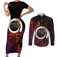 Vanuatu Boar Cowboy Couples Matching Short Sleeve Bodycon Dress and Long Sleeve Button Shirt Tusk Gradient Polynesian Pattern LT14 Black - Polynesian Pride