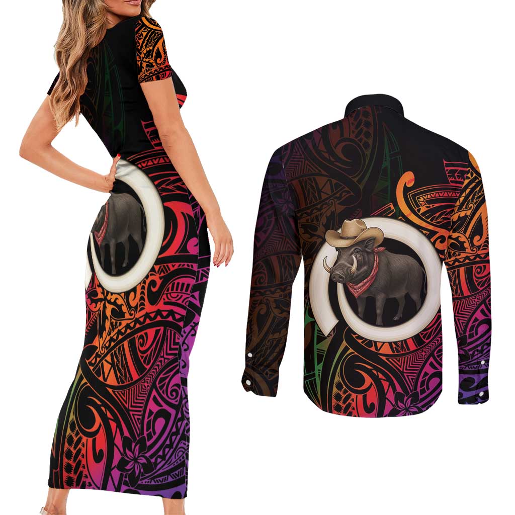 Vanuatu Boar Cowboy Couples Matching Short Sleeve Bodycon Dress and Long Sleeve Button Shirt Tusk Gradient Polynesian Pattern LT14 - Polynesian Pride