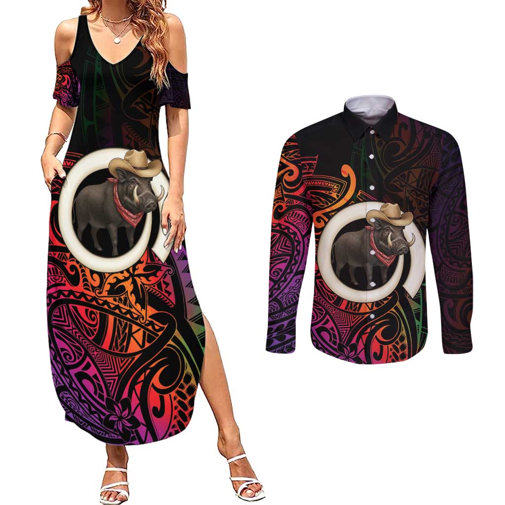 Vanuatu Boar Cowboy Couples Matching Summer Maxi Dress and Long Sleeve Button Shirt Tusk Gradient Polynesian Pattern LT14 Black - Polynesian Pride