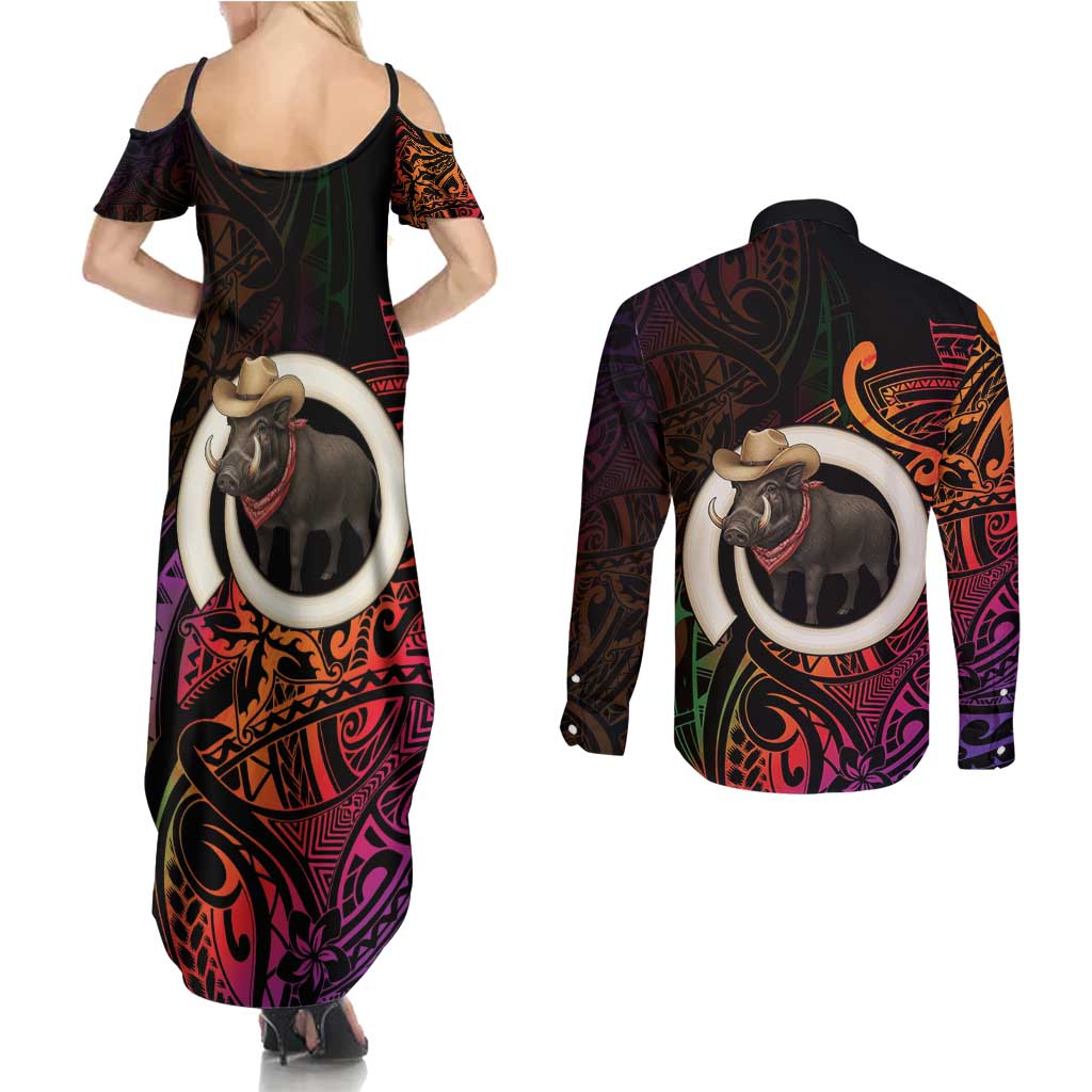 Vanuatu Boar Cowboy Couples Matching Summer Maxi Dress and Long Sleeve Button Shirt Tusk Gradient Polynesian Pattern LT14 - Polynesian Pride