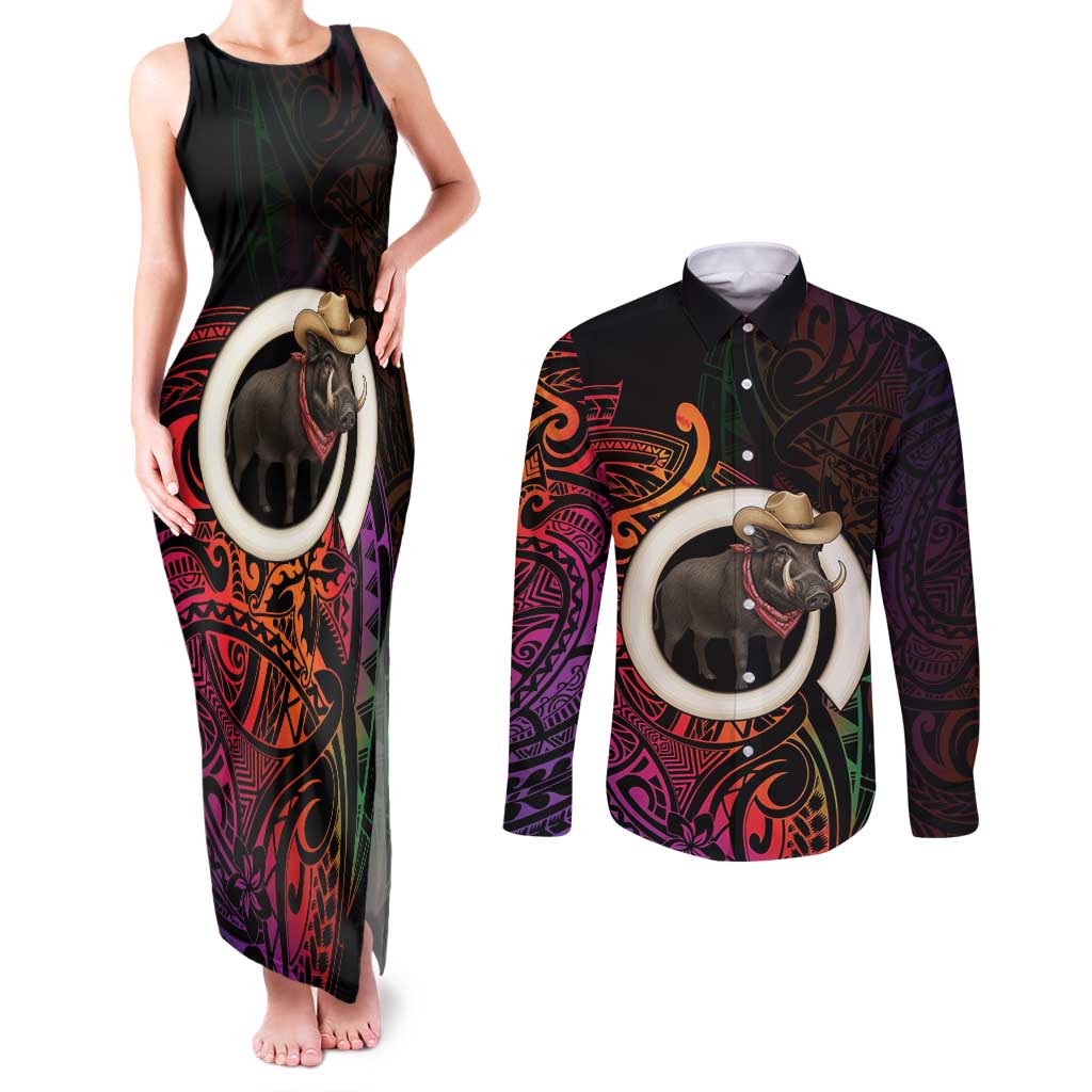 Vanuatu Boar Cowboy Couples Matching Tank Maxi Dress and Long Sleeve Button Shirt Tusk Gradient Polynesian Pattern LT14 Black - Polynesian Pride