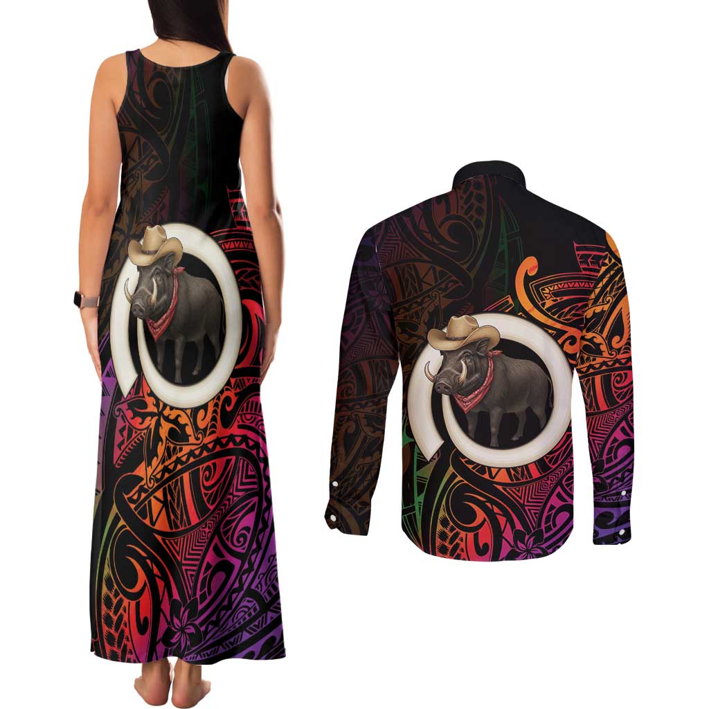Vanuatu Boar Cowboy Couples Matching Tank Maxi Dress and Long Sleeve Button Shirt Tusk Gradient Polynesian Pattern LT14 - Polynesian Pride
