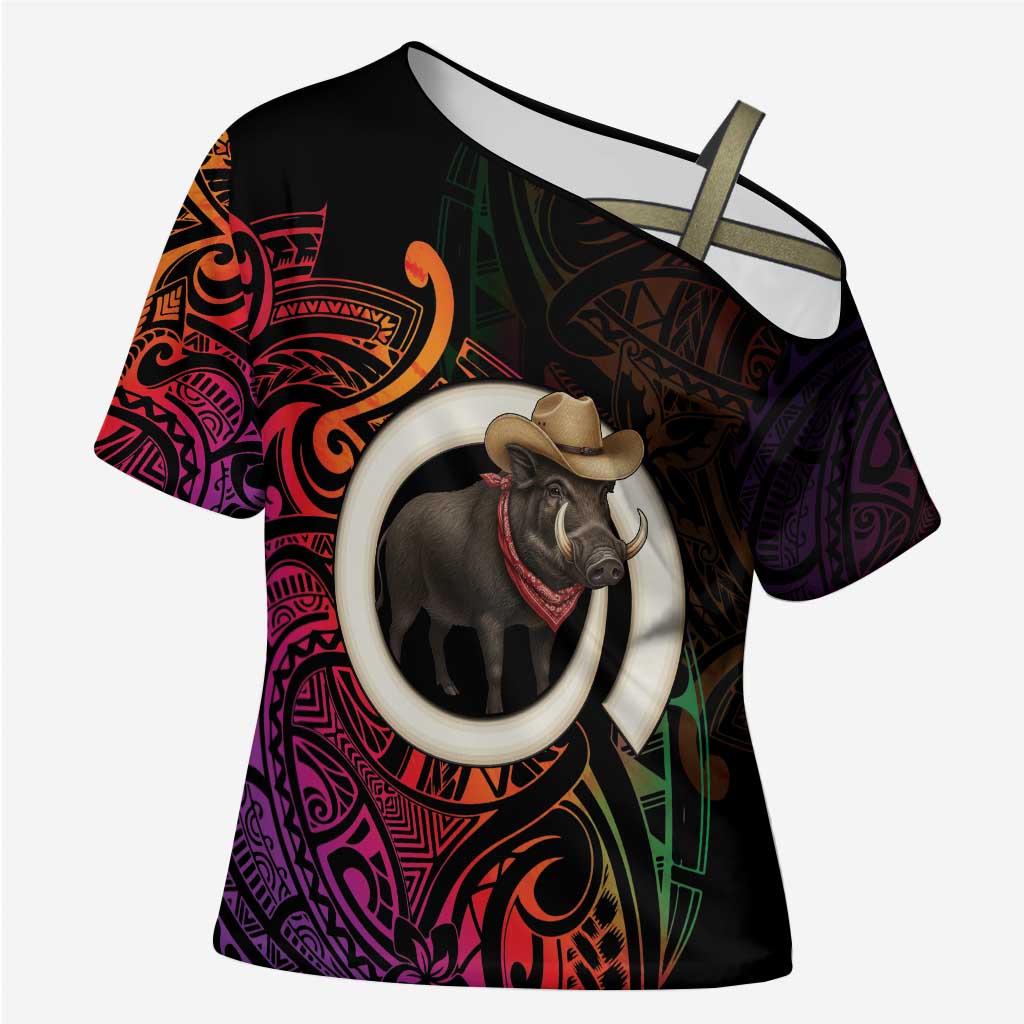Vanuatu Boar Cowboy Cross Shoulder Shirt Tusk Gradient Polynesian Pattern LT14 Female Black - Polynesian Pride