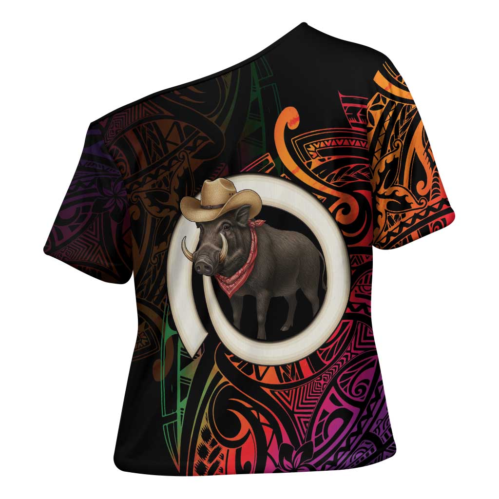 Vanuatu Boar Cowboy Cross Shoulder Shirt Tusk Gradient Polynesian Pattern LT14 - Polynesian Pride