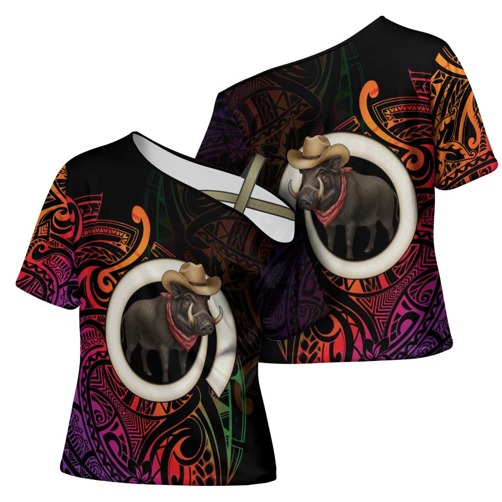 Vanuatu Boar Cowboy Cross Shoulder Shirt Tusk Gradient Polynesian Pattern LT14 - Polynesian Pride