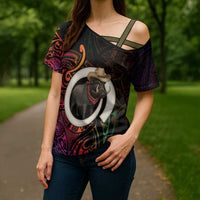 Vanuatu Boar Cowboy Cross Shoulder Shirt Tusk Gradient Polynesian Pattern LT14 - Polynesian Pride