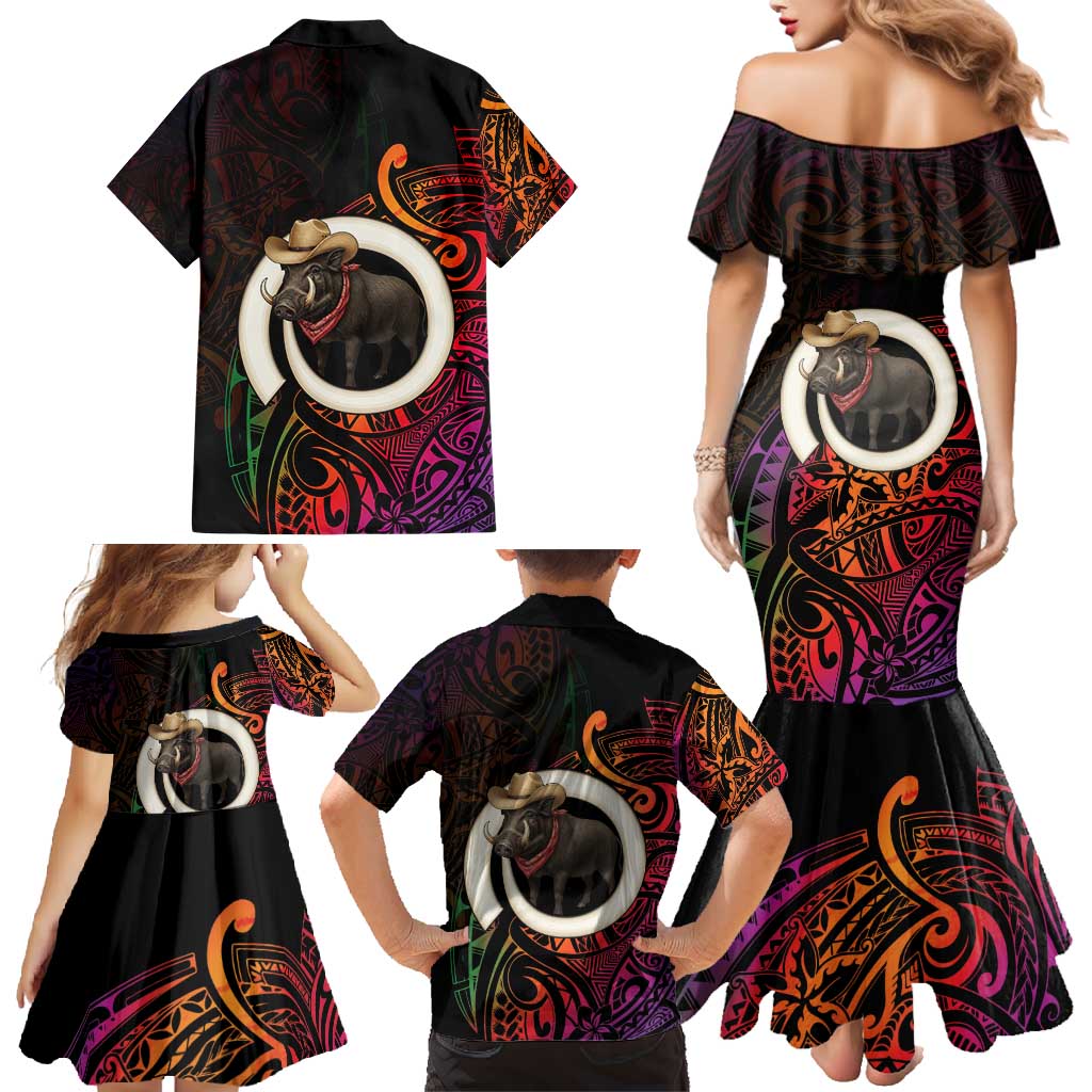 Vanuatu Boar Cowboy Family Matching Mermaid Dress and Hawaiian Shirt Tusk Gradient Polynesian Pattern - Polynesian Pride