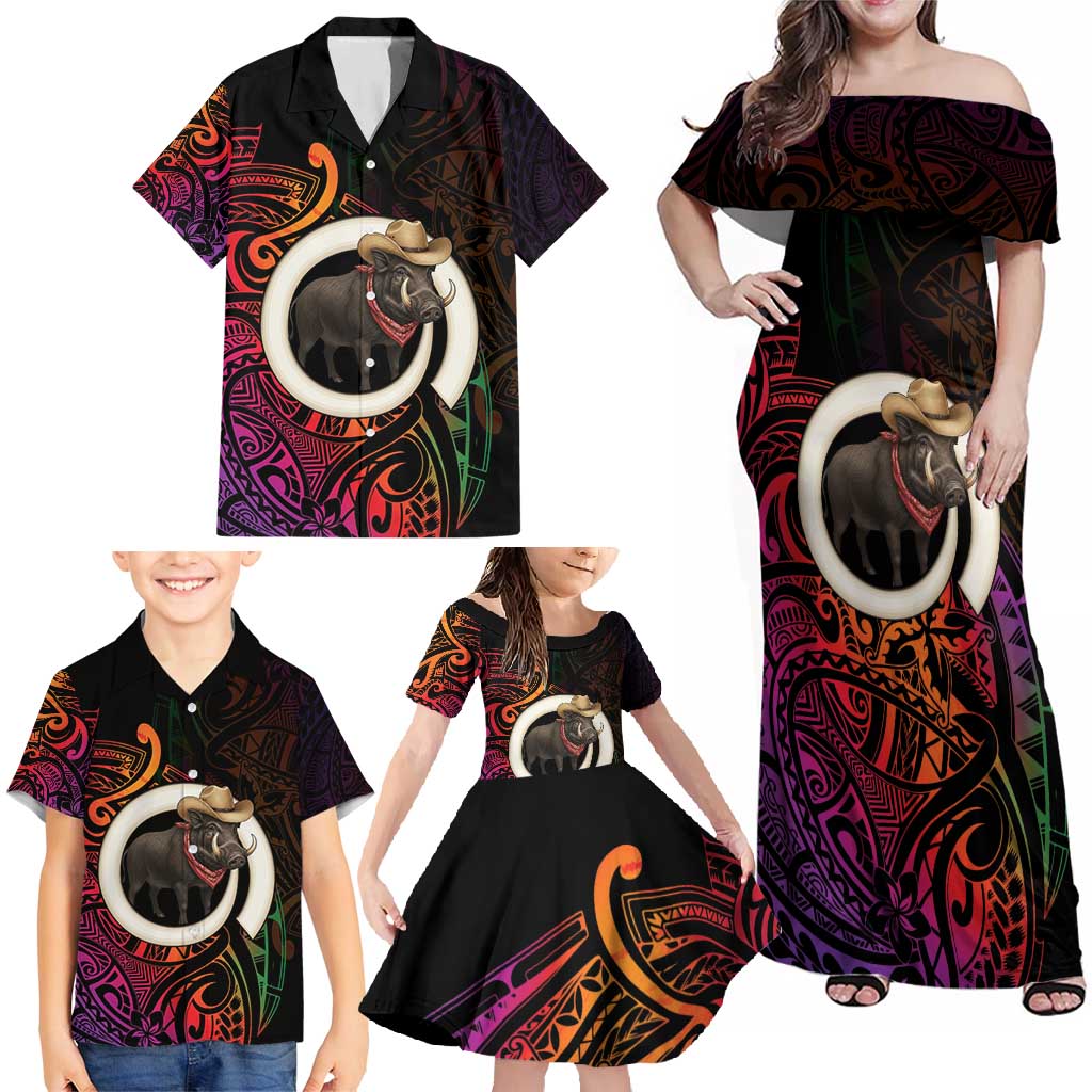 Vanuatu Boar Cowboy Family Matching Off Shoulder Maxi Dress and Hawaiian Shirt Tusk Gradient Polynesian Pattern - Polynesian Pride