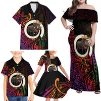 Vanuatu Boar Cowboy Family Matching Off Shoulder Maxi Dress and Hawaiian Shirt Tusk Gradient Polynesian Pattern - Polynesian Pride