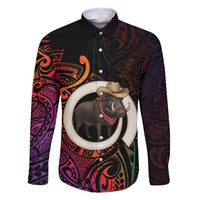 Vanuatu Boar Cowboy Family Matching Off Shoulder Maxi Dress and Hawaiian Shirt Tusk Gradient Polynesian Pattern - Polynesian Pride