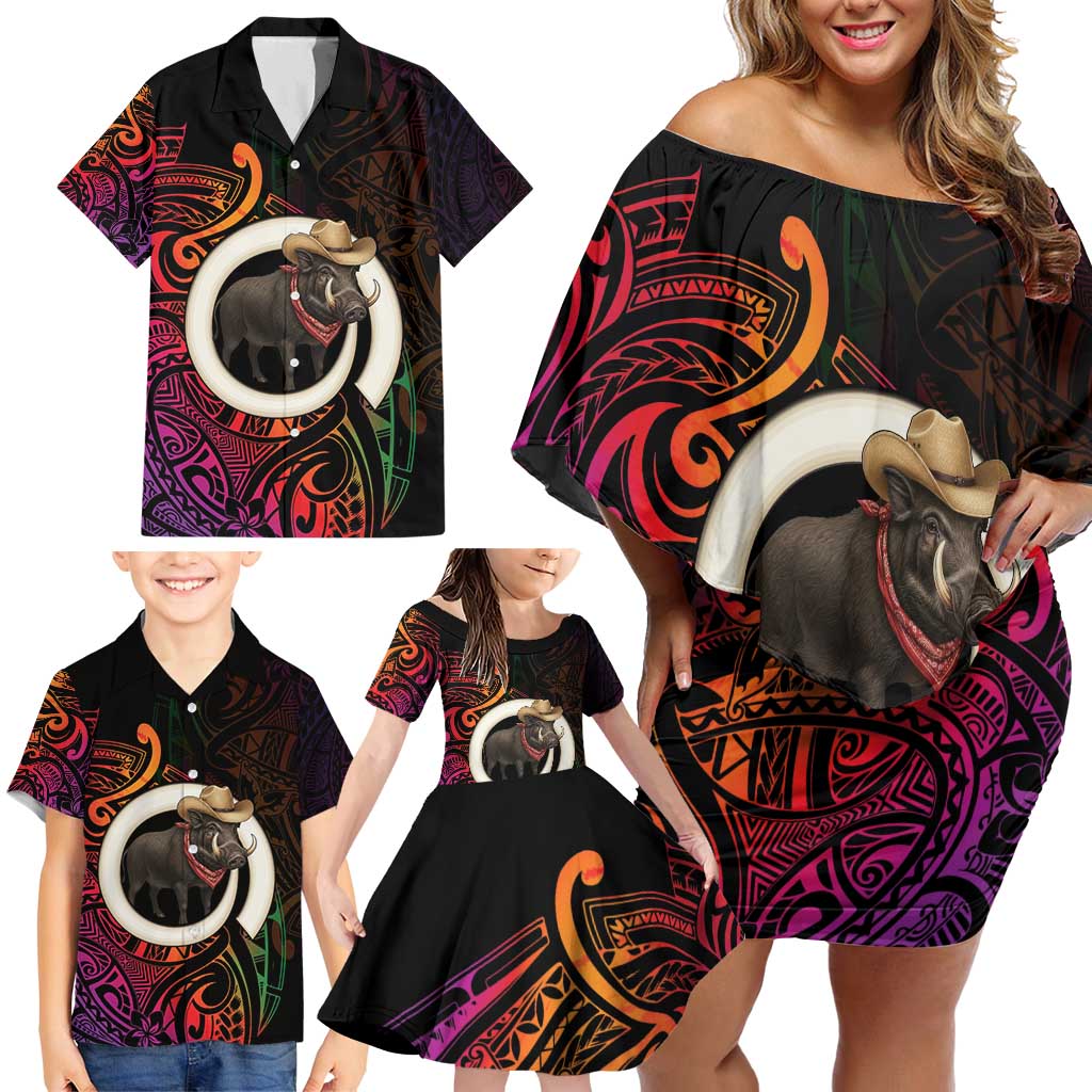 Vanuatu Boar Cowboy Family Matching Off Shoulder Short Dress and Hawaiian Shirt Tusk Gradient Polynesian Pattern - Polynesian Pride