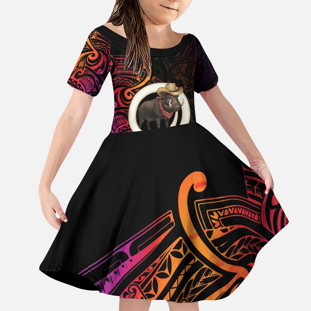 Vanuatu Boar Cowboy Family Matching Puletasi and Hawaiian Shirt Tusk Gradient Polynesian Pattern LT14 Daughter's Dress Black - Polynesian Pride