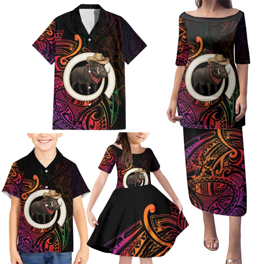 Vanuatu Boar Cowboy Family Matching Puletasi and Hawaiian Shirt Tusk Gradient Polynesian Pattern LT14 - Polynesian Pride