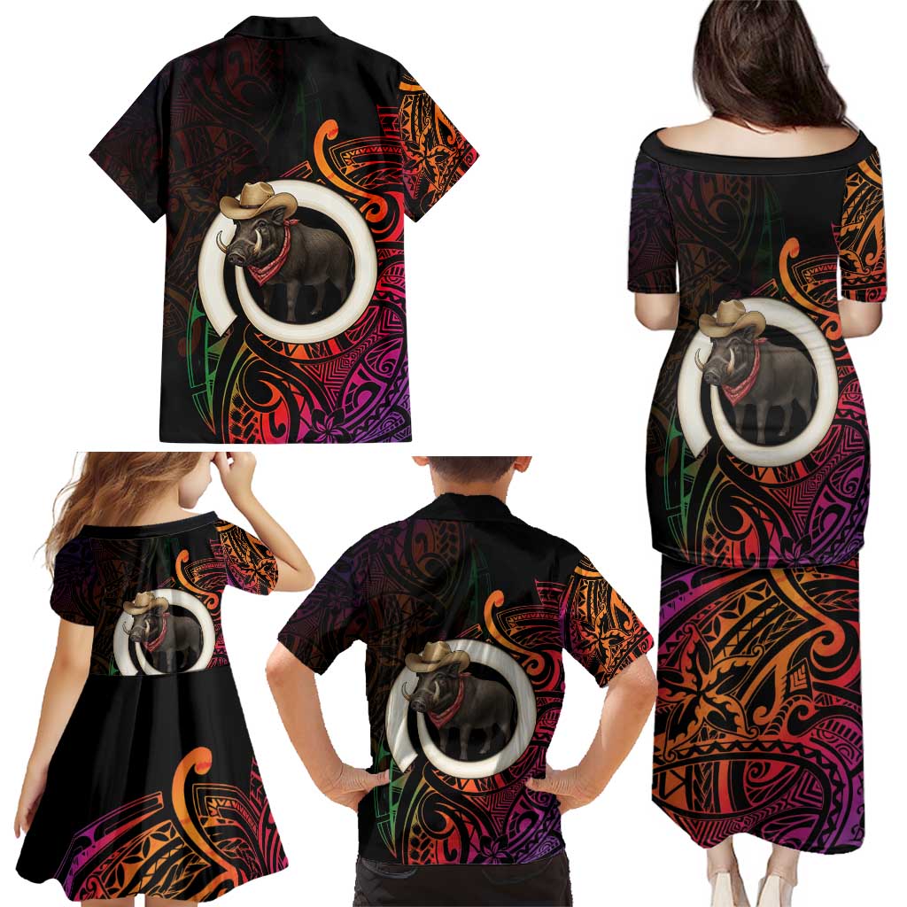 Vanuatu Boar Cowboy Family Matching Puletasi and Hawaiian Shirt Tusk Gradient Polynesian Pattern LT14 - Polynesian Pride
