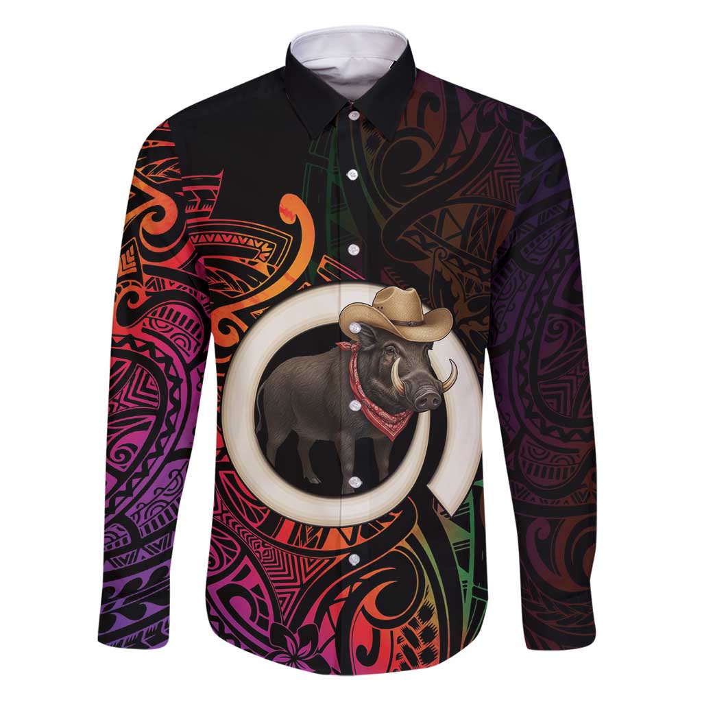 Vanuatu Boar Cowboy Family Matching Puletasi and Hawaiian Shirt Tusk Gradient Polynesian Pattern LT14 Dad's Shirt - Long Sleeve Black - Polynesian Pride