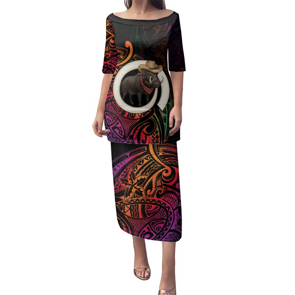 Vanuatu Boar Cowboy Family Matching Puletasi and Hawaiian Shirt Tusk Gradient Polynesian Pattern LT14 Mom's Dress Black - Polynesian Pride
