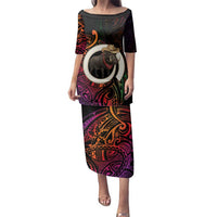 Vanuatu Boar Cowboy Family Matching Puletasi and Hawaiian Shirt Tusk Gradient Polynesian Pattern LT14 Mom's Dress Black - Polynesian Pride