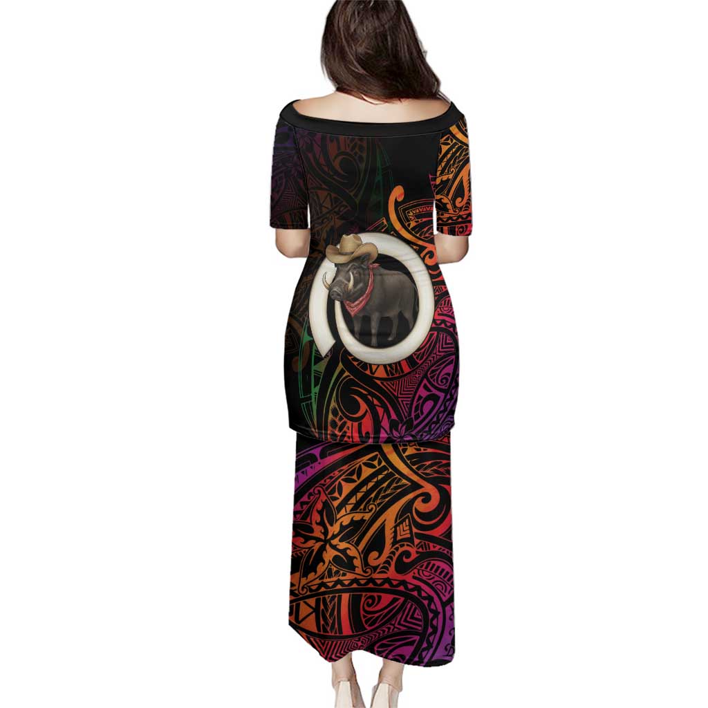 Vanuatu Boar Cowboy Family Matching Puletasi and Hawaiian Shirt Tusk Gradient Polynesian Pattern LT14 - Polynesian Pride