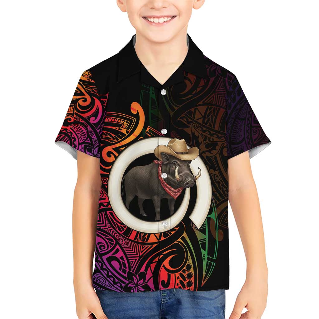 Vanuatu Boar Cowboy Family Matching Short Sleeve Bodycon Dress and Hawaiian Shirt Tusk Gradient Polynesian Pattern - Polynesian Pride