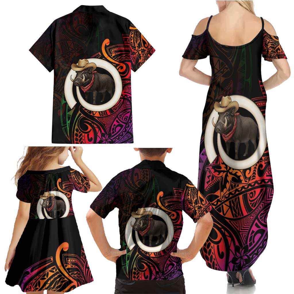 Vanuatu Boar Cowboy Family Matching Summer Maxi Dress and Hawaiian Shirt Tusk Gradient Polynesian Pattern - Polynesian Pride