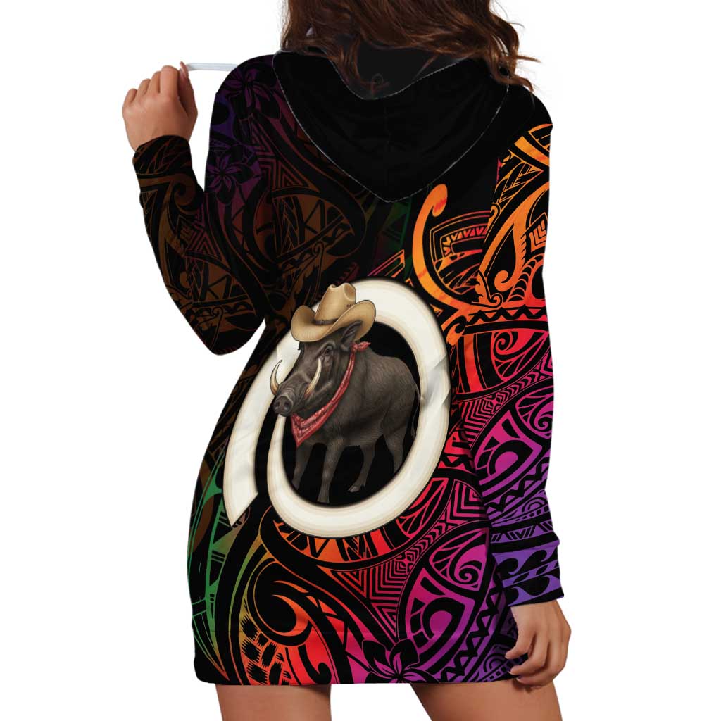 Vanuatu Boar Cowboy Hoodie Dress Tusk Gradient Polynesian Pattern - Polynesian Pride