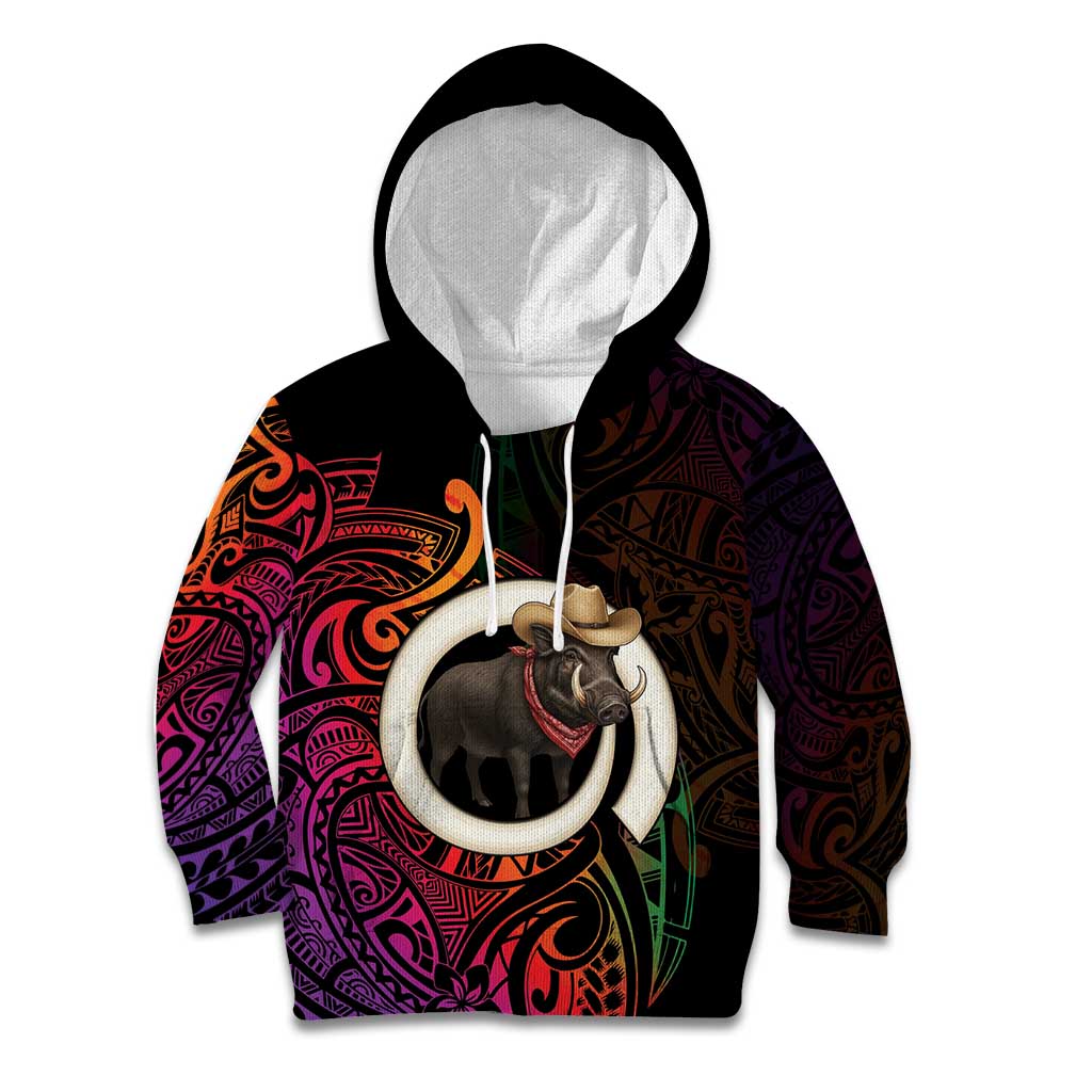 Vanuatu Boar Cowboy Kid Hoodie Tusk Gradient Polynesian Pattern - Polynesian Pride