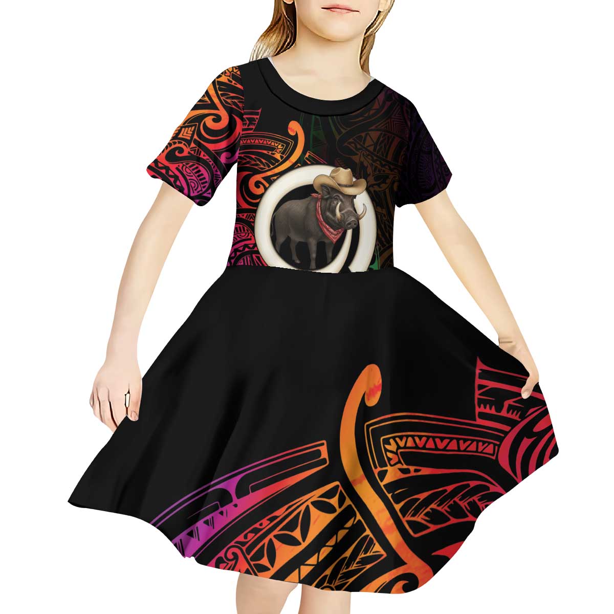 Vanuatu Boar Cowboy Kid Short Sleeve Dress Tusk Gradient Polynesian Pattern - Polynesian Pride