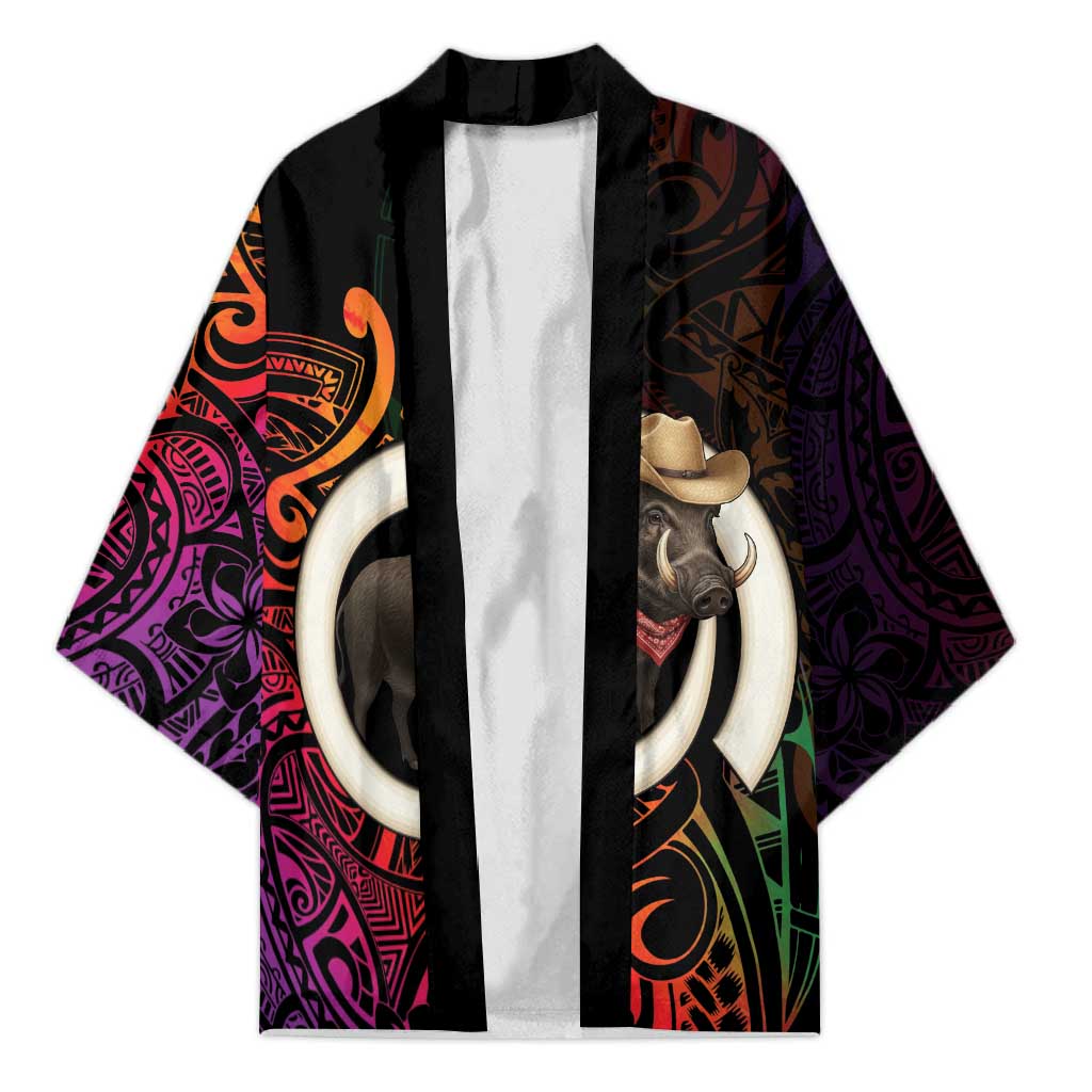 Vanuatu Boar Cowboy Kimono Tusk Gradient Polynesian Pattern - Polynesian Pride