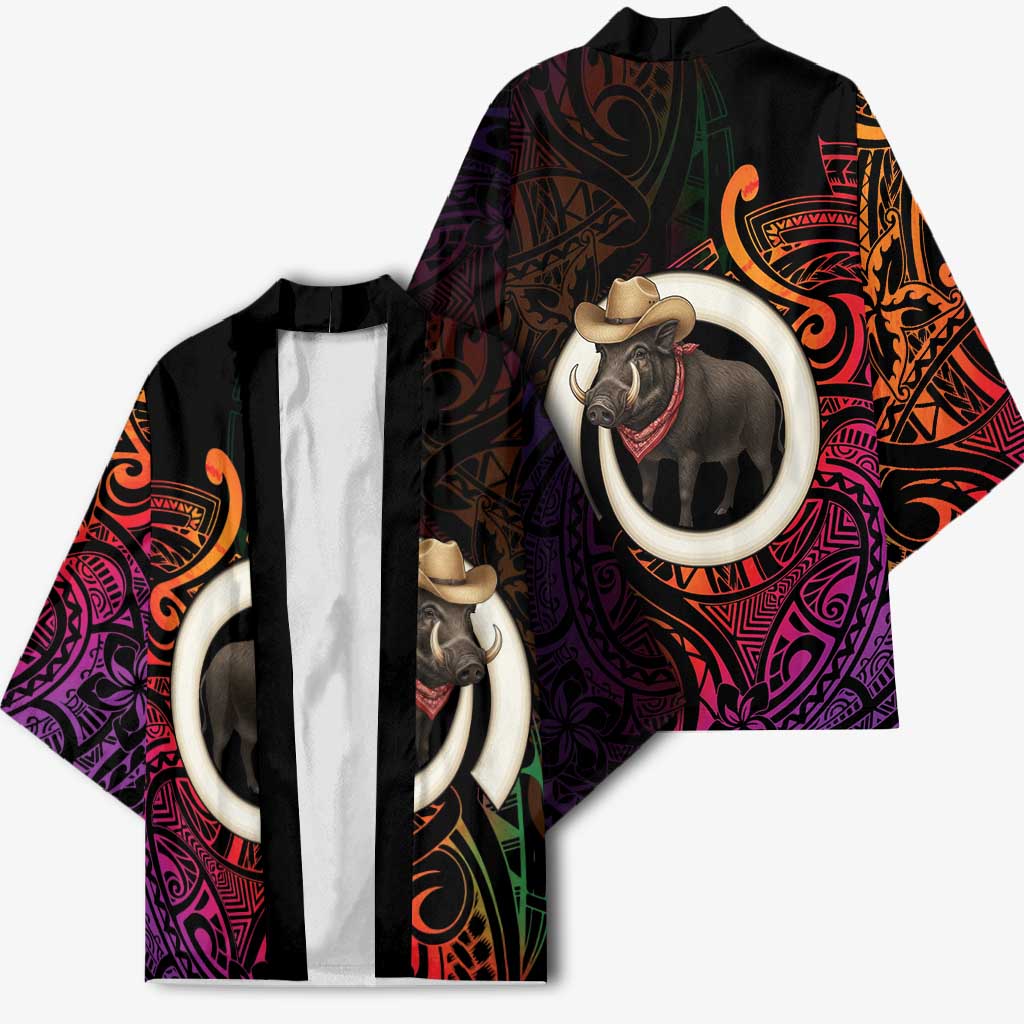 Vanuatu Boar Cowboy Kimono Tusk Gradient Polynesian Pattern - Polynesian Pride
