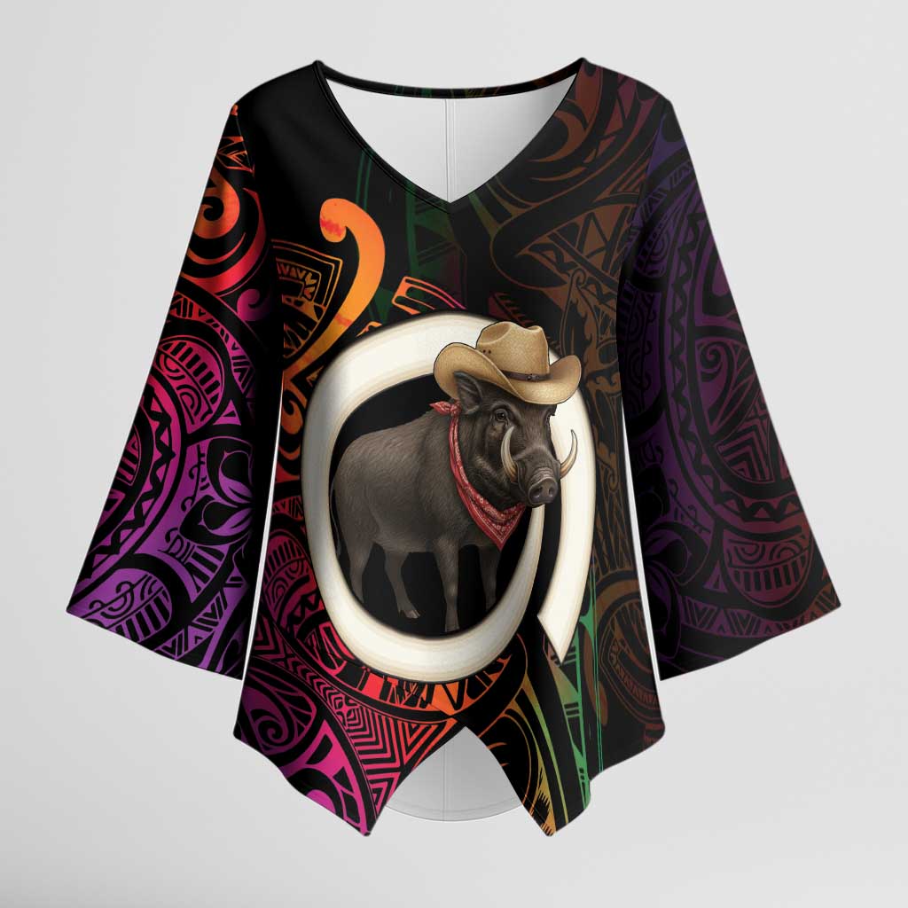 Vanuatu Boar Cowboy Kimono Sleeve Blouse Tusk Gradient Polynesian Pattern LT14 Female Black - Polynesian Pride