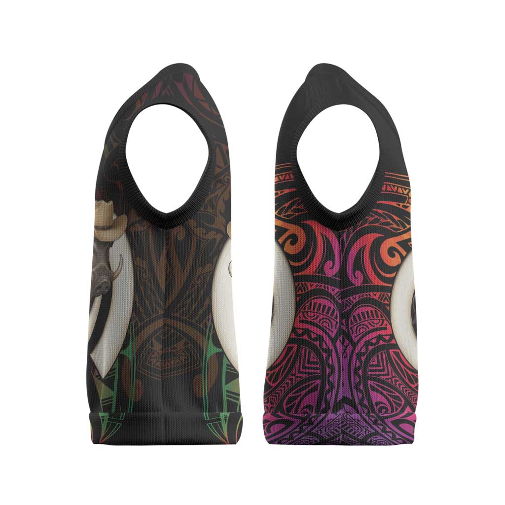 Vanuatu Boar Cowboy Christmas Knitted V-Neck Vest Tusk Gradient Polynesian Pattern LT14 - Polynesian Pride