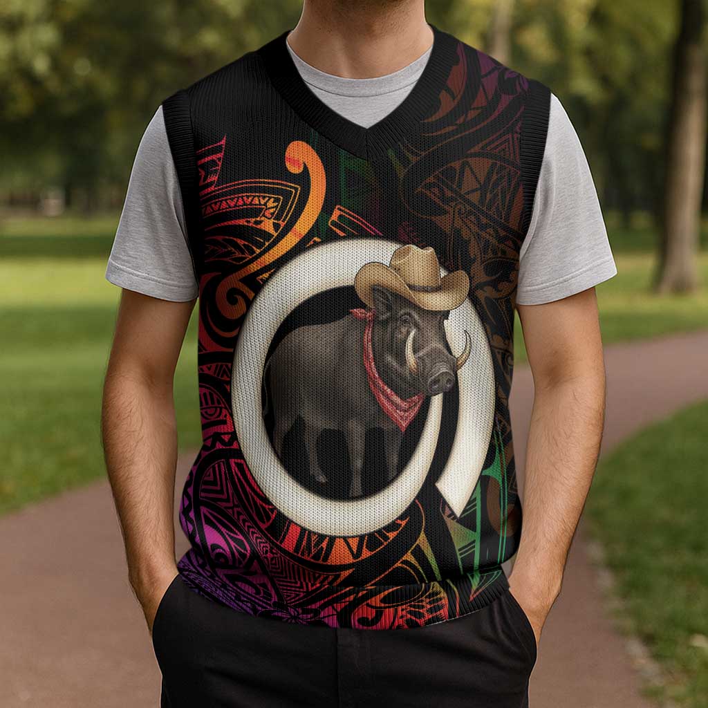 Vanuatu Boar Cowboy Christmas Knitted V-Neck Vest Tusk Gradient Polynesian Pattern LT14 - Polynesian Pride