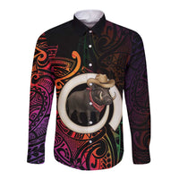 Vanuatu Boar Cowboy Long Sleeve Button Shirt Tusk Gradient Polynesian Pattern LT14 Unisex Black - Polynesian Pride