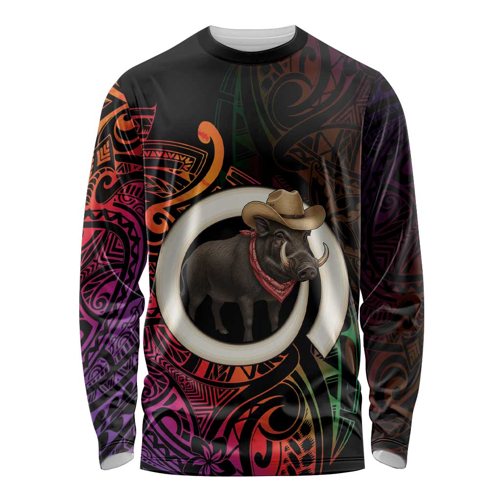 Vanuatu Boar Cowboy Long Sleeve Shirt Tusk Gradient Polynesian Pattern LT14 Unisex Black - Polynesian Pride
