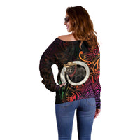 Vanuatu Boar Cowboy Off Shoulder Sweater Tusk Gradient Polynesian Pattern - Polynesian Pride