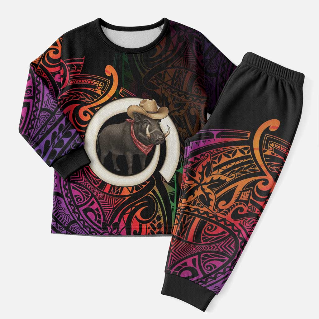 Vanuatu Boar Cowboy Christmas Pajama Set Tusk Gradient Polynesian Pattern LT14 Men Black - Polynesian Pride
