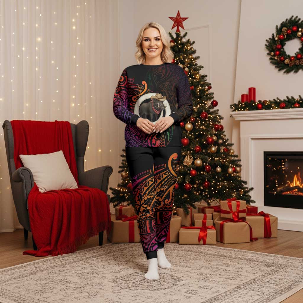 Vanuatu Boar Cowboy Christmas Pajama Set Tusk Gradient Polynesian Pattern LT14 Women Black - Polynesian Pride