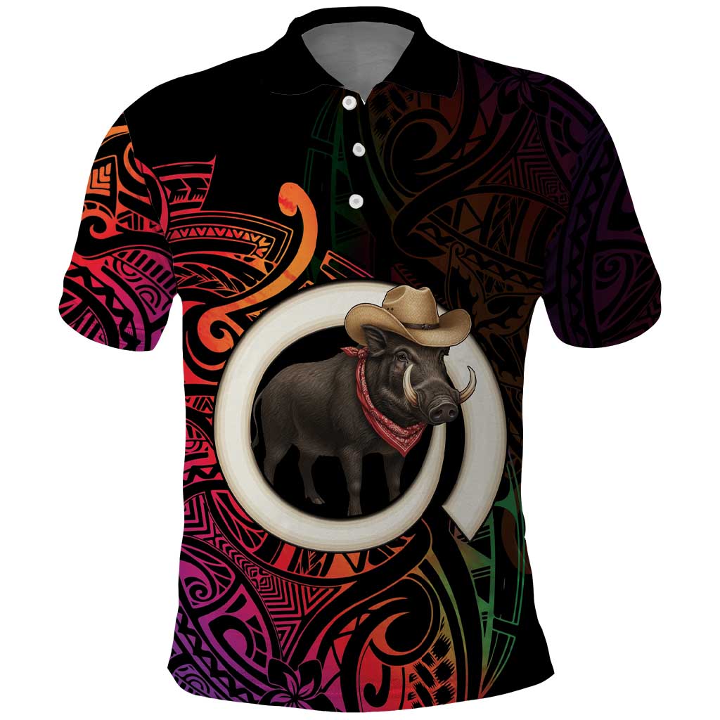 Vanuatu Boar Cowboy Polo Shirt Tusk Gradient Polynesian Pattern - Polynesian Pride