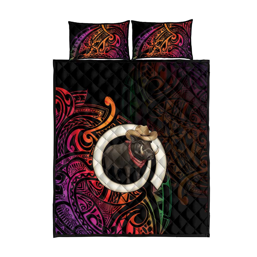 Vanuatu Boar Cowboy Quilt Bed Set Tusk Gradient Polynesian Pattern - Polynesian Pride