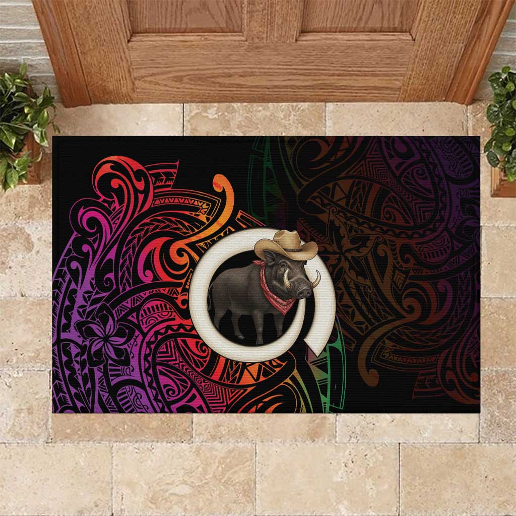 Vanuatu Boar Cowboy Rubber Doormat Tusk Gradient Polynesian Pattern LT14 Black - Polynesian Pride