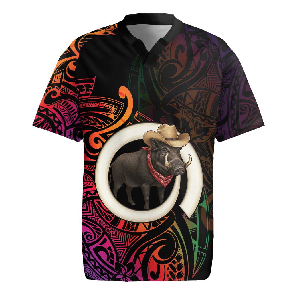 Vanuatu Boar Cowboy Rugby Jersey Tusk Gradient Polynesian Pattern - Polynesian Pride