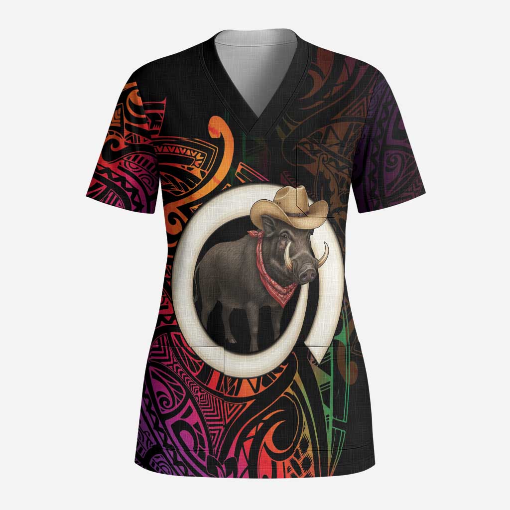 Vanuatu Boar Cowboy Scrub Top Tusk Gradient Polynesian Pattern LT14 Adult Black - Polynesian Pride