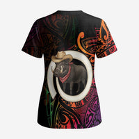 Vanuatu Boar Cowboy Scrub Top Tusk Gradient Polynesian Pattern LT14 - Polynesian Pride