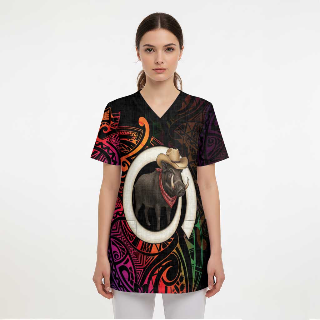 Vanuatu Boar Cowboy Scrub Top Tusk Gradient Polynesian Pattern LT14 - Polynesian Pride