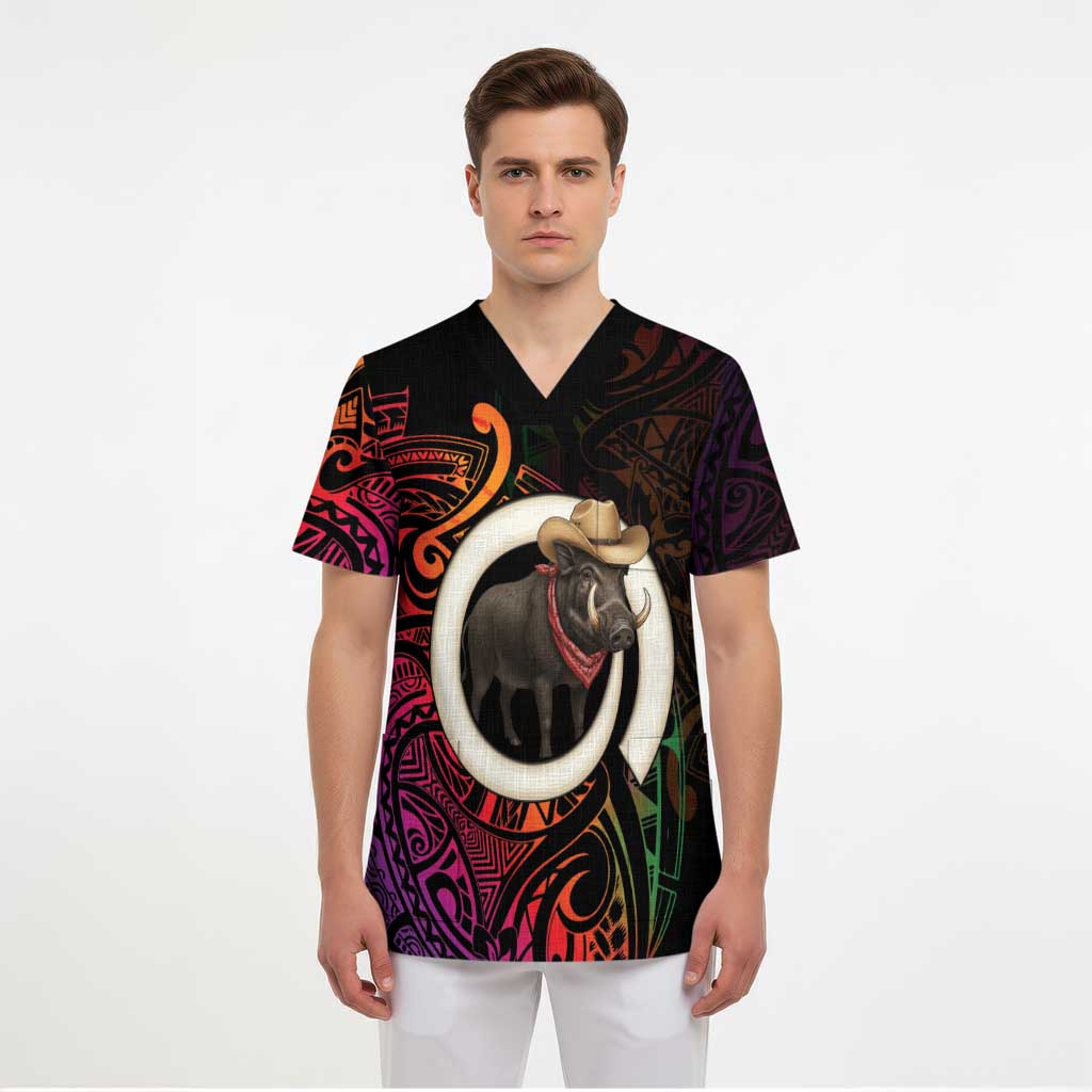 Vanuatu Boar Cowboy Scrub Top Tusk Gradient Polynesian Pattern LT14 - Polynesian Pride