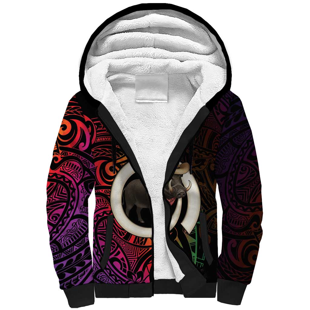 Vanuatu Boar Cowboy Sherpa Hoodie Tusk Gradient Polynesian Pattern LT14 Unisex Black - Polynesian Pride