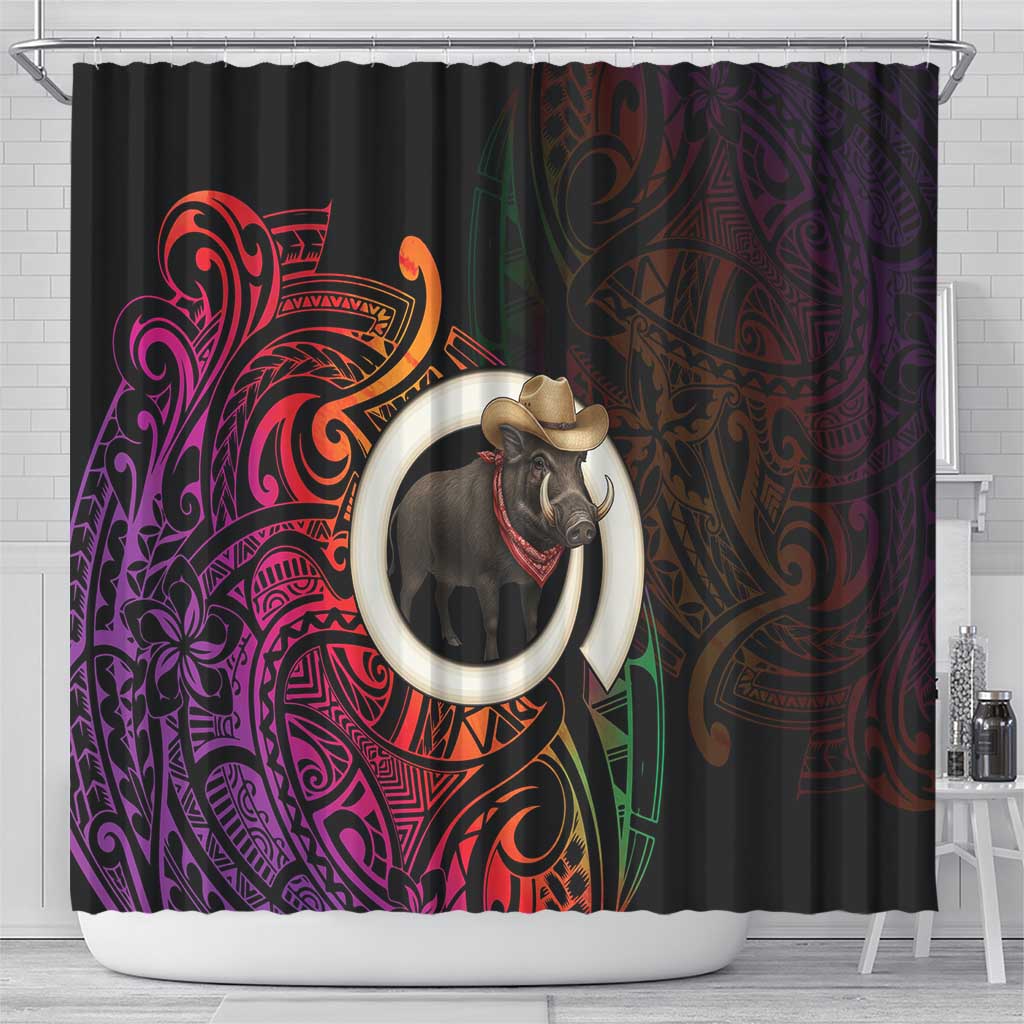 Vanuatu Boar Cowboy Shower Curtain Tusk Gradient Polynesian Pattern - Polynesian Pride