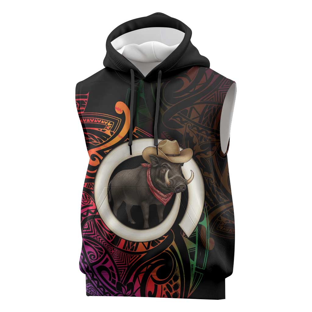 Vanuatu Boar Cowboy Sleeveless Hoodie Tusk Gradient Polynesian Pattern - Polynesian Pride