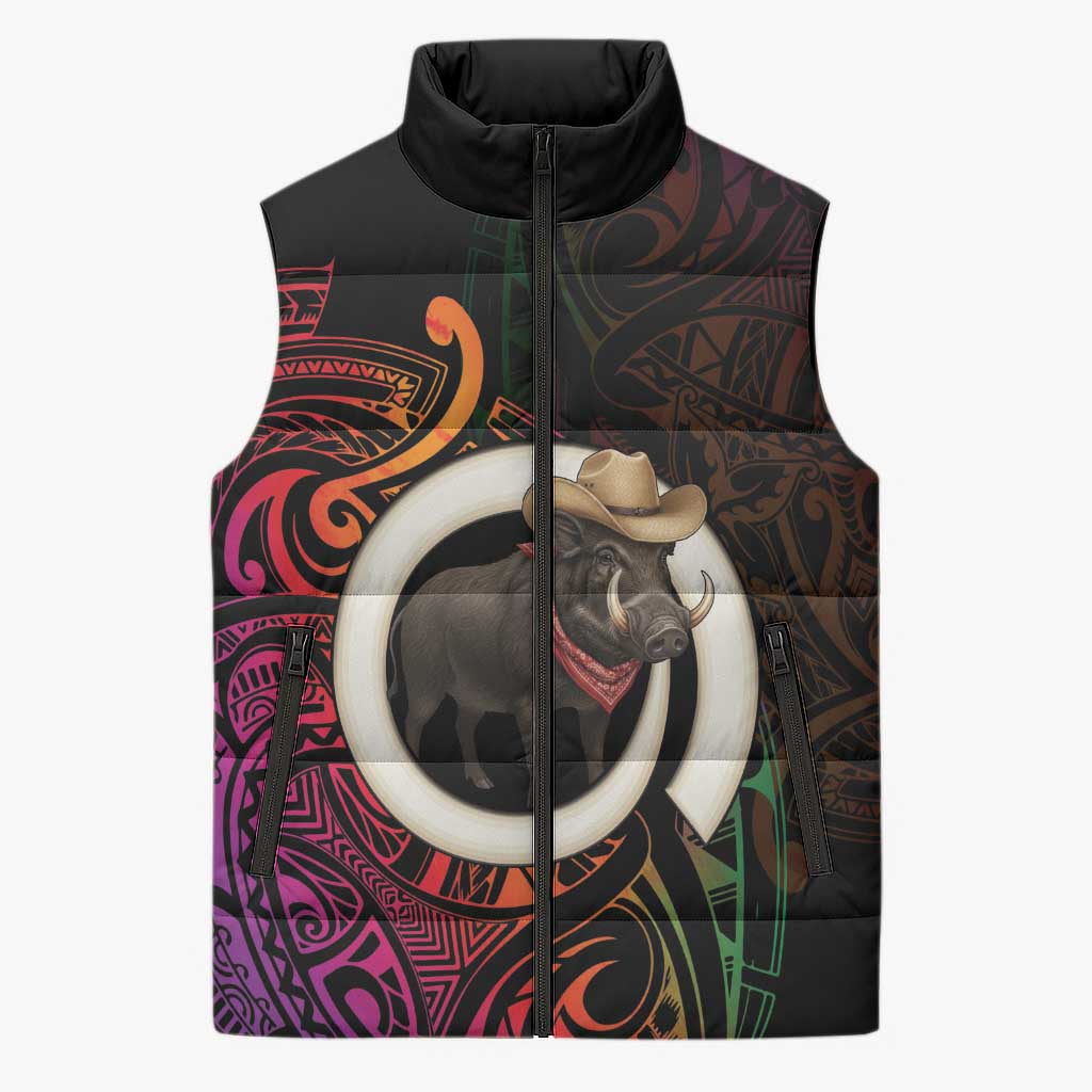 Vanuatu Boar Cowboy Sleeveless Puffer Jacket Tusk Gradient Polynesian Pattern LT14 Unisex Black - Polynesian Pride